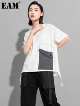 [Eam] feminino preto tamanho grande xadrez botão de bolso fita camiseta em torno do pescoço manga curta moda maré primavera verão 2022 1dd8089 2024 - compre barato