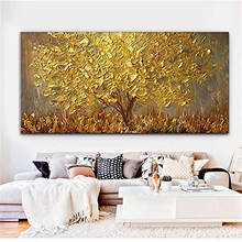 Cuadro pintado a mano de 100%, paleta de cuchillo de cubo dorado, lienzo al óleo, póster de pared abstracto grande, para sala de estar 2024 - compra barato