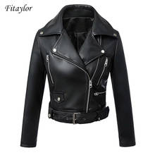 Fitaycores jaqueta de couro falso preto feminina primavera outono curta couro pu macio com cinto zíper casaco motociclista 2024 - compre barato