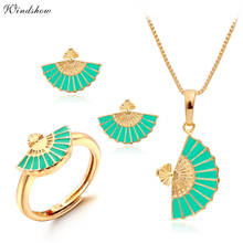 Yellow Gold Color Chinese Green Fan Design Pendant Necklace Stud Earrings Ring Small Jewelry Sets For Women Girls Kids Children 2024 - compra barato