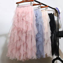 Милая Асимметричная Макси-юбка в Корейском стиле с оборками в стиле пэчворк, длинная сетчатая юбка А-силуэта с воланом, длинные плиссированные юбки до щиколотки 2024 - купить недорого