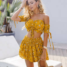 Sexy Flower Print Strapless Off Shoulder 2 Piece Set Women Crop Top Lace Up Shorts Skirts Sets Casual Summer Boho Beach Playsuit 2024 - buy cheap