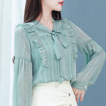 Blusas Mujer De Moda 2021 Blouse Women Bow V-neck Striped Chiffon Blouse Shirt Women Blouses Long Sleeve Women Shirts Tops D422 2024 - buy cheap