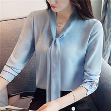 Long Sleeve Women Shirts Chiffon Blouse Shirt Fashion Womens Tops And Blouses 2021 Solid Bow V Collar Office Ladies Blouse A639 2024 - buy cheap