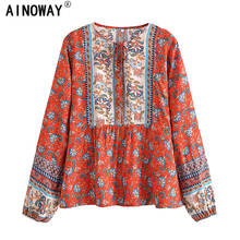 Boho Fashion Women Tops Vintage Floral Print Loose Blouses  Ladies O Neck Long Sleeve Beach Shirts Blusas Mujer 2024 - buy cheap