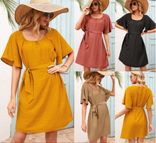 Women's Lace-Up Waist Short Sleeve Round Neck Dress Women Casual Solid Color With Belt A-Line Mini Dress 2022 Summer New Style 2024 - buy cheap