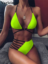 2022 Sexy Neon Yellow Pink Asymmetrical Bikini High Waist Swimsuit Women Swimwear Bikini set Halter Bather Bathing Suit V1810 2024 - buy cheap