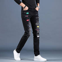 Autumn And Winter 2022 Men's Embroidered Black Jeans Men's Street Black Patch Brand Slim Pants Casual Teenagers Pencil Pants 2024 - buy cheap