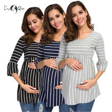 Топы с оборками для беременных Свободная блузка для беременных полосатая футболка Туника 3 четверти Повседневная Одежда для беременных женщин 2024 - купить недорого