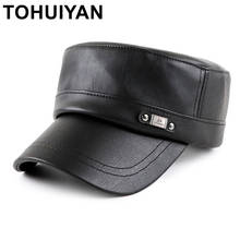 TOHUIYAN Retro Cadet Army Cap Men Vintage Leather Cap Autumn Winter Flat Top Hats Male Thickening Warm Military Hats For Man 2024 - buy cheap