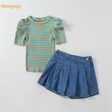 Fashion Girls Summer Short Sleeve Striped Knitting Tops T-shirts Denim Solid Skirts Toddler Children Clothes Sets 2pcs 3-8Y 2024 - buy cheap