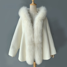 Poncho con cuello de piel de zorro Real para mujer, chal, abrigo de lana blanco, capucha, CK001 2024 - compra barato