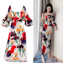 Vintage Floral Print Puff Sleeve Summer Beach Sweet Dresses Casual Square Collar Straight Midi Dress Women 2024 - buy cheap