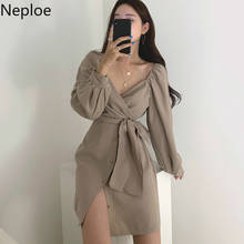 Neploe Korean Chic V Neck Cross Design Strapless Dress High Waist Hip Slim A Line Vestido Slim Waist Lace Up Button Ropa 49158 2024 - buy cheap