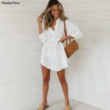 Mini vestido vintage khalee yose, branco, solto, para mulheres, primavera, verão, casual, com botão frontal, manga longa, 2021 2024 - compre barato