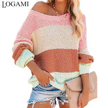 LOGAMI Lantern Sleeve Striped Color-blocking Sweater Women Autumn Winter Loose Casual Pullover Female Knitwear 2024 - buy cheap