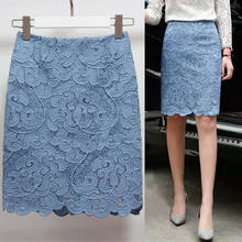 Falda de tubo de encaje con bordado Floral para mujer, falda Sexy azul de primavera y verano, de cintura alta hasta la rodilla, Vintage 2024 - compra barato