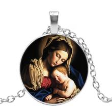 Pingente comemorativo cristão virgem maria, colar com cabochão de vidro em 3 cores, feito à mão, jóias da moda, corrente de malha, 2019 2024 - compre barato