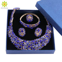 Grânulos africanos conjuntos de jóias para as mulheres azul colar de cristal brincos de ouro cor pingente vestido de casamento acessórios com caixas de presente 2024 - compre barato