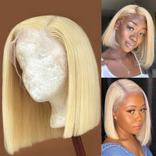 Peluca de cabello humano brasileño predesplumada para mujer, postizo de encaje transparente, corte Bob corto, color rubio, 13x6x1, 613 2024 - compra barato