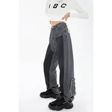 Pantalones vaqueros de cintura alta para mujer, vaqueros de estilo urbano americano, de pierna ancha, color gris 2024 - compra barato