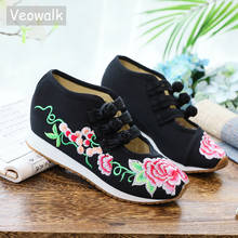 Veowalk Bordado Floral da Lona das Mulheres Plataformas Planas Algodão Triplo Botão Velha Pequim Sapatos de Conforto para Senhoras Zapatos Mujer 2024 - compre barato