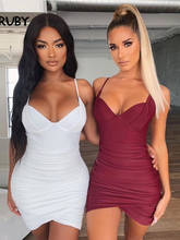 SRUBY Spaghetti Strap V Beck Bodycon Dresses Women Ruched Skinny Backless White Mini Club Party Dress Sheath Vestidos Female 2024 - buy cheap