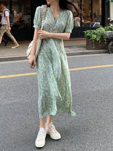 Vestido longo de verão, manga curta, elegante, moda coreana chique, estampado, vintage, plus size 2024 - compre barato