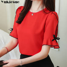 summer women blouse shirt fashion 2019 hollow out bow short sleeve chiffon women's clothing sweet  red feminine tops blusas 2024 - buy cheap