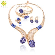 Fashion African Women Gold Color Jewelry Sets Blue Crystal Necklace Ring Earrings Charm Bride Wedding Jewelry Accessories 2024 - buy cheap