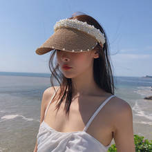 2021 novo chapéu de palha feminino verão artesanal diy pérola praia palha chapéu sol sombra casual sol vazio chapéu superior praia 2024 - compre barato