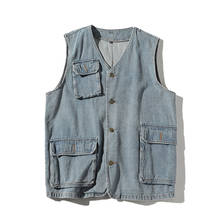 YASUGUOJI New Male Denim Waistcoat Veste Homme Men's Denim Vest Casual Slim Sleeveless Jacket Cowboy Vintage Pockets Jeans Vests 2024 - buy cheap