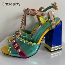 Mixed Color Genuine Leather High Heels Women Jeweled Square Heel Rivet T-strap Patchwork Rhinestone Summer Sandals Women 2024 - buy cheap