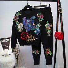 Women Autumn Winter Two Piece Sets Fashion Tracksuits O Neck Embroidery Sequined Flower Sweater and Knitted Pants Sets Outfits 2024 - buy cheap