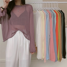 Candy Color Long-sleeved Mesh T-shirt Women Summer Thin Top Loose Wild Round Neck Sunscreen Shirt Top blouses femme 2024 - buy cheap