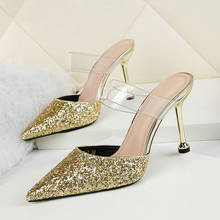 New Brand Women Slippers Sequined Cloth Pointy Toe High Heels Woman Sexy Transparent Word Belt Stiletto Bride Party Shoes Sandal 2024 - buy cheap