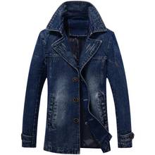 Denim longo trench outono inverno denim jaqueta masculina moda mid-long lapela colarinho lavado cowboy casaco masculino blusão M-5XL 2024 - compre barato