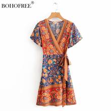 Summer 2022 Women Casual Dress Lady Bohemian Style Vintage Floral printed Short Flare Sleeves V-neck Slim Midi Dress Vestido 2024 - buy cheap