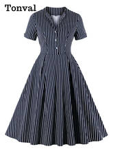 Tonval-vestido Midi plisado de algodón para mujer, traje Vintage a rayas con botones en la parte delantera, color azul marino, cintura alta, 2020 2024 - compra barato