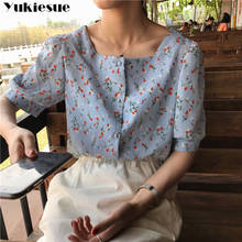 Shirts Women Korean Style Loose Floral Print Square Collar Short Sleeve Shirt Summer Casual Vintage Blouse Camiseta Femme 2024 - buy cheap