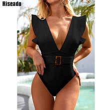 Riseado Plunging Swimwear Women One Piece Sexy Bodysuit Women Ruffle Monokini Belted Women's Swimsuits 2022 New Solid Beachwear 2024 - buy cheap