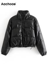 Aachoae Winter Black PU Faux Leather Parka Women Streetwear Long Sleeve Padded Jacket 2021 Single Breasted Thick Warm Coat 2024 - buy cheap