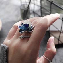 Natural Hetian  jade enamel porcelain lotus canopy open ring Chinese retro designer style original design silver jewelry 2024 - buy cheap