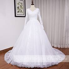 Vintage Ball gown wedding dress long sleeve V neck plus size lace applique lace up Muslim bridal wedding dress vestido De Noiva 2024 - buy cheap