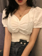 2021v gola sexy camiseta feminina moda puff manga feminina curto topos fino plus size preto branco camisetas roupas femininas 2024 - compre barato