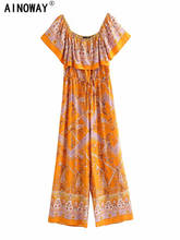 Винтажный шикарный женский комбинезон бохо, оранжевый цветочный принт, без рукавов, короткое платье в богемном стиле на одно плечо, комбинезон из вискозы 2024 - купить недорого