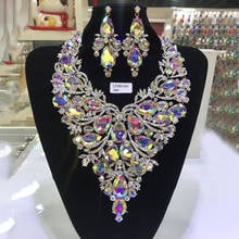 Conjunto de joias elegantes, conjunto de joias com pedras douradas, colar e brincos de cristal dubai, para casamento, multicoloridas 2024 - compre barato