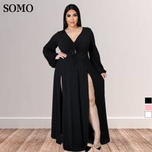 Elegant Women Lace-up V-neck Long Sleeve Sexy Plus Size Dresses 5xl Solid Color Split Fork Summer Clothes Wholesale Dropshipping 2024 - buy cheap