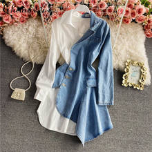 Женское джинсовое платье-рубашка с длинными рукавами, Повседневное платье белого и синего цвета с асимметричным подолом, весна 2021 2024 - купить недорого