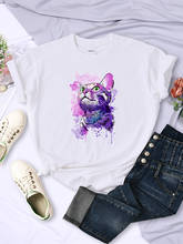 Camiseta com estampa de desenho gato, camiseta feminina casual folgada, grande, verão, gola redonda, roupas femininas casuais 2024 - compre barato